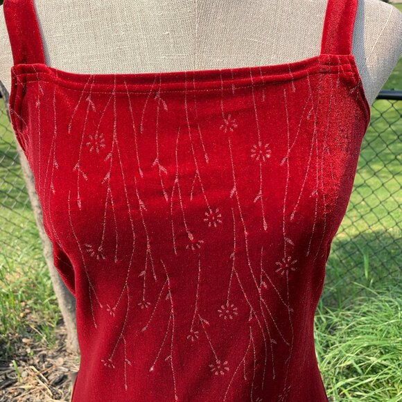 Vintage 90s Red Velvet Maxi Slip Dress Square Neck Glitter Side Slit Long Gown - Picture 3 of 16